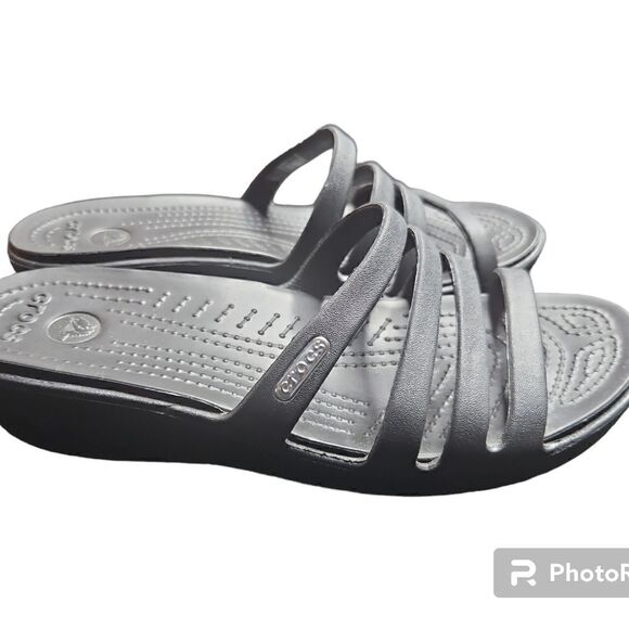 CROCS RHONDA Size 6 Black Strappy Wedge Slip On Sandals; Preloved - Picture 3 of 4